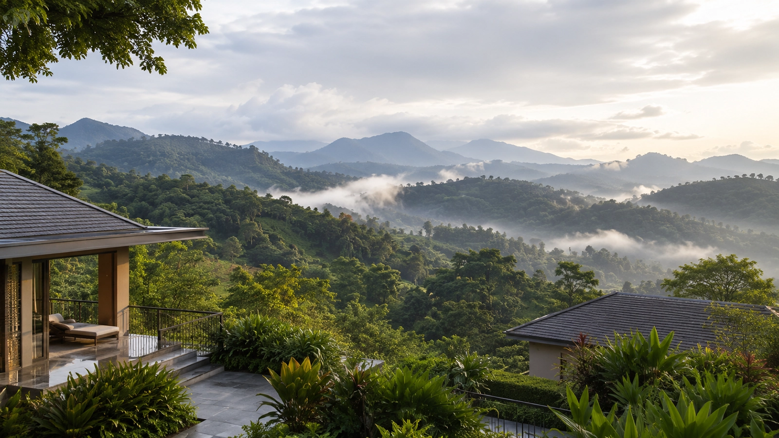 Misty green hills surrounding DEVYA CEYLON Ayurveda Centre in Kandy Sri Lanka