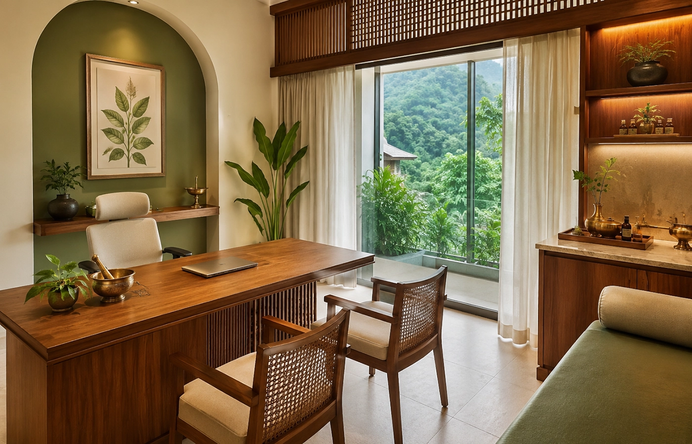 Private Ayurveda consultation room overlooking the green hills of Kandy
