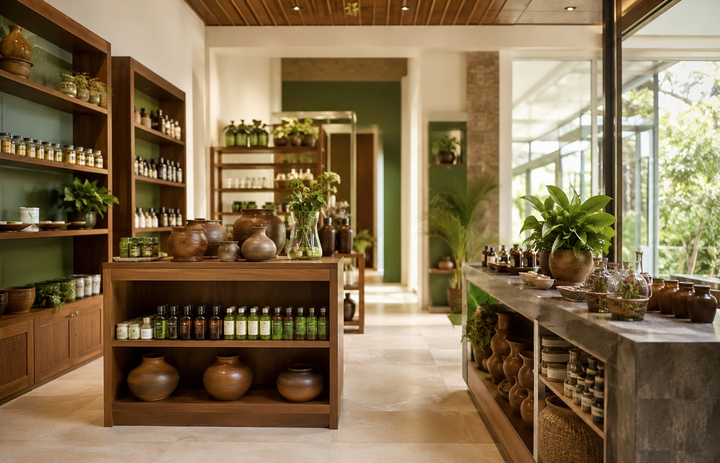 Modern Ayurveda pharmacy and herbal product display in Kandy Sri Lanka