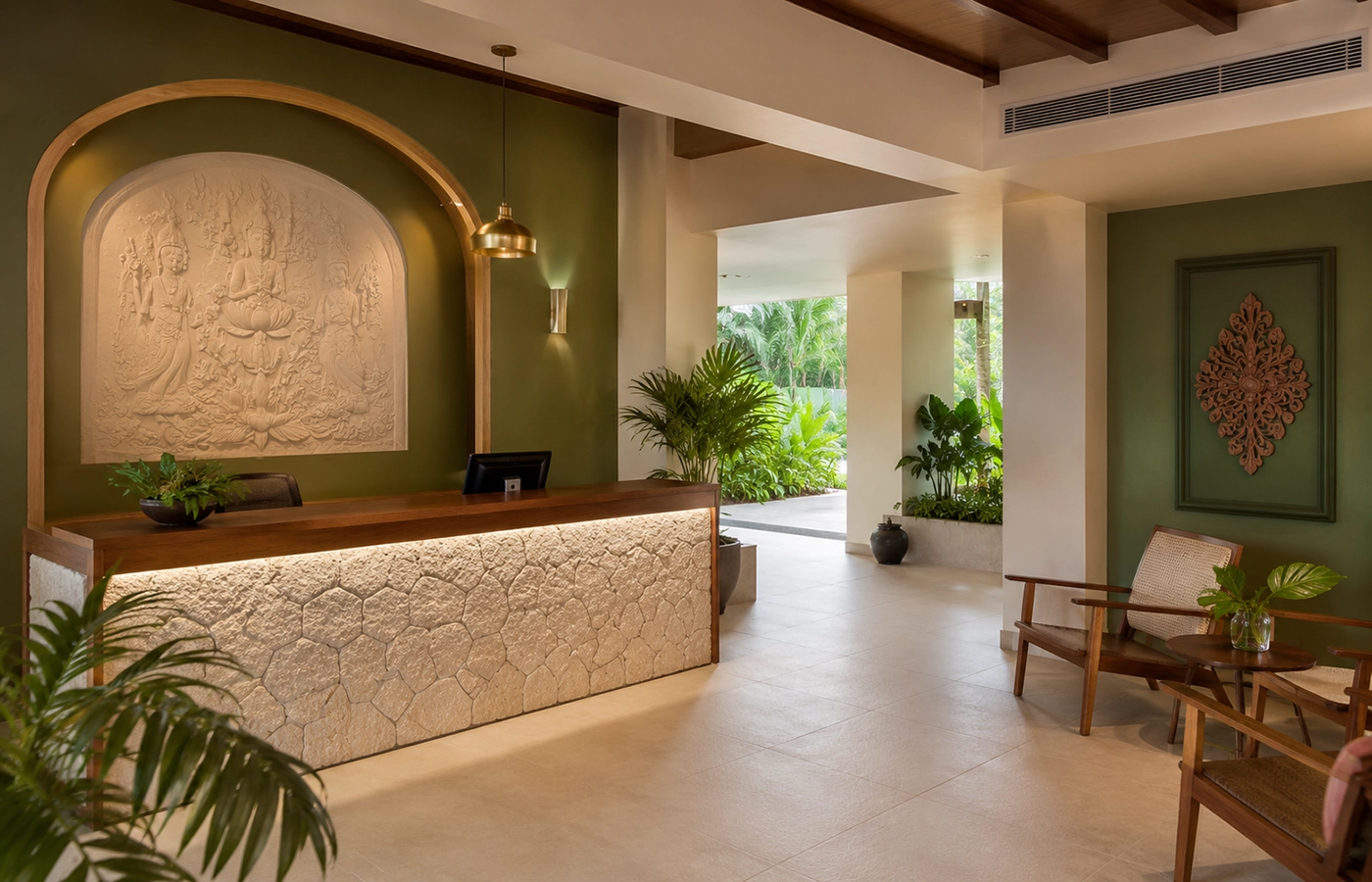 Private Panchakarma therapy room with traditional wooden treatment table