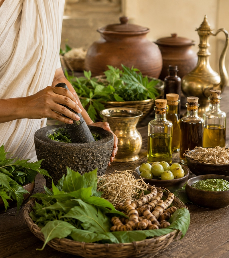 Ayurveda medicinal leaves, herbal oils and mortar and pestle preparation